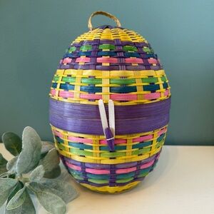 Vintage Multicolored Large Wicker Woven Colorful Easter Egg Shaped Basket